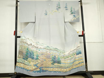 平和屋着物●訪問着　友禅　作家物　遠山樹林風景文　暈し染め　正絹　逸品　AABK8685cs
