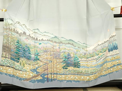 平和屋着物●訪問着　友禅　作家物　遠山樹林風景文　暈し染め　正絹　逸品　AABK8685cs