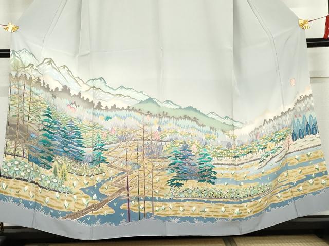 平和屋着物●訪問着　友禅　作家物　遠山樹林風景文　暈し染め　正絹　逸品　AABK8685cs
