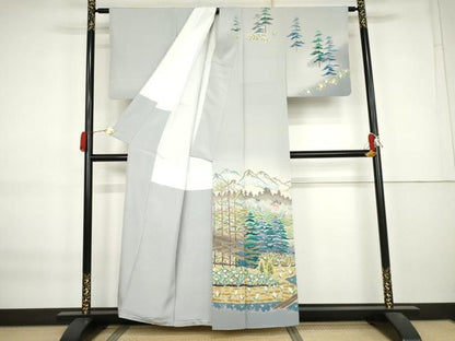 平和屋着物●訪問着　友禅　作家物　遠山樹林風景文　暈し染め　正絹　逸品　AABK8685cs