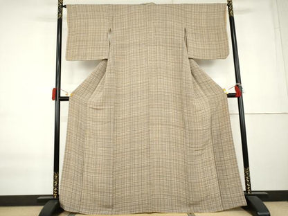 平和屋着物●上質な小紋　格子　鬼しぼ縮緬　正絹　逸品　AABK8697cs
