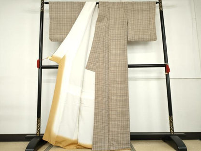 平和屋着物●上質な小紋　格子　鬼しぼ縮緬　正絹　逸品　AABK8697cs