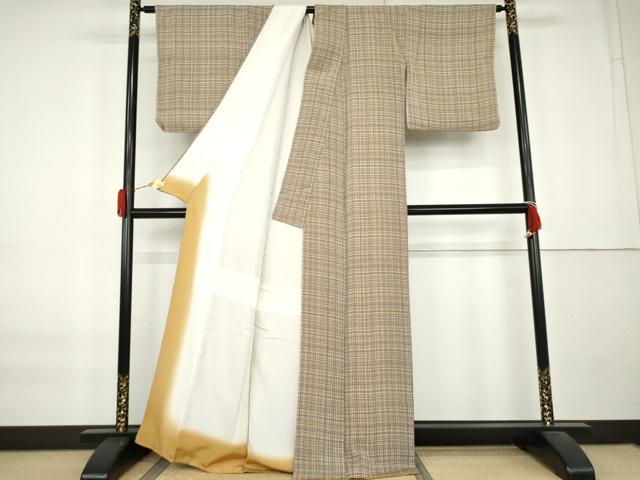 平和屋着物●上質な小紋　格子　鬼しぼ縮緬　正絹　逸品　AABK8697cs