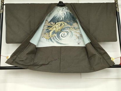 平和屋着物●男性　紬　アンサンブル　120亀甲　総詰め　羽裏：龍　正絹　逸品　AABK8704cs