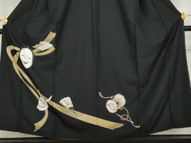 平和屋着物●訪問着　能面　般若　黒地　洗える着物　AABK8711cs