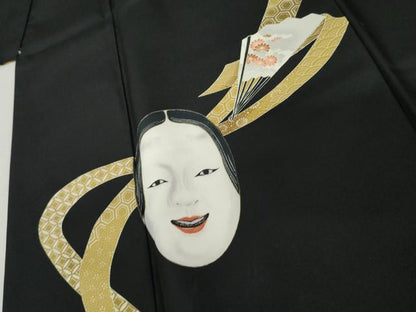 平和屋着物●訪問着　能面　般若　黒地　洗える着物　AABK8711cs