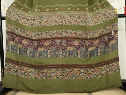 平和屋着物●西岡都巳二　訪問着　型染め　吉祥横段花鳥文　鬼しぼ縮緬　正絹　逸品　AABK8712cs