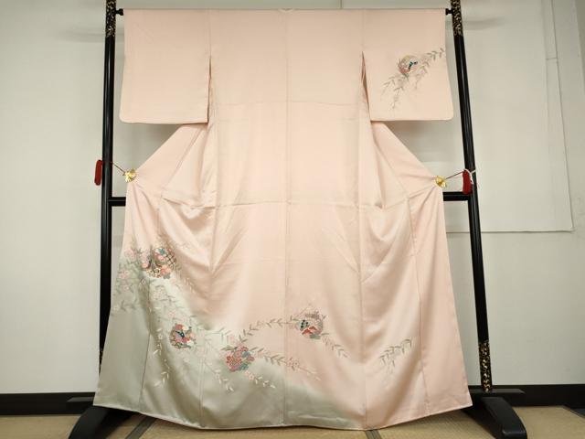 平和屋着物●訪問着　雪輪花鳥舞蝶松文　暈し染め　金彩　正絹　逸品　AABK8713cs