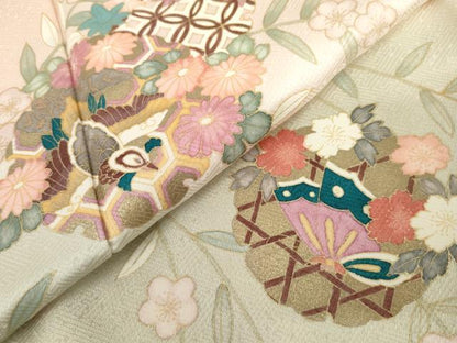 平和屋着物●訪問着　雪輪花鳥舞蝶松文　暈し染め　金彩　正絹　逸品　AABK8713cs