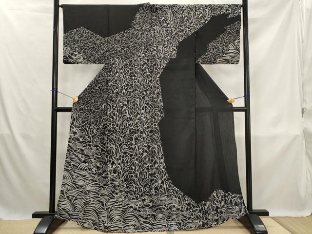 平和屋着物＊夏物　訪問着　縦絽　型染め　草花文　黒地　正絹　逸品　AABK8730st