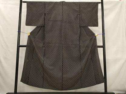平和屋着物＊夏物　お召　めがね織　格子　黒地　正絹　逸品　AABK8743st