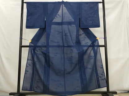平和屋着物＊夏物　色無地　絽　笹の葉紋紗　紺色　正絹　逸品　AABK8791st