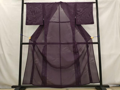 平和屋着物＊夏物　色無地　草葉紋紗　縦絽　似せ紫色　正絹　逸品　AABK8812st