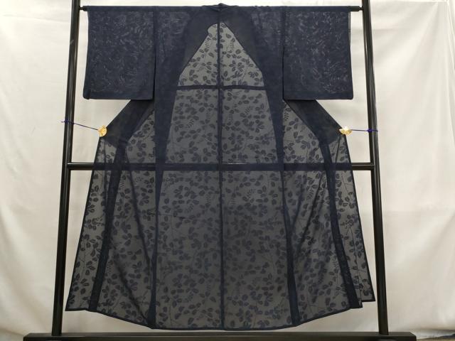平和屋着物＊夏物　色無地　紗　枝葉紋紗　青褐色　正絹　逸品　AABK8813st