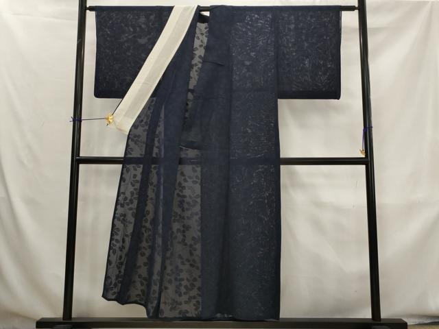 平和屋着物＊夏物　色無地　紗　枝葉紋紗　青褐色　正絹　逸品　AABK8813st