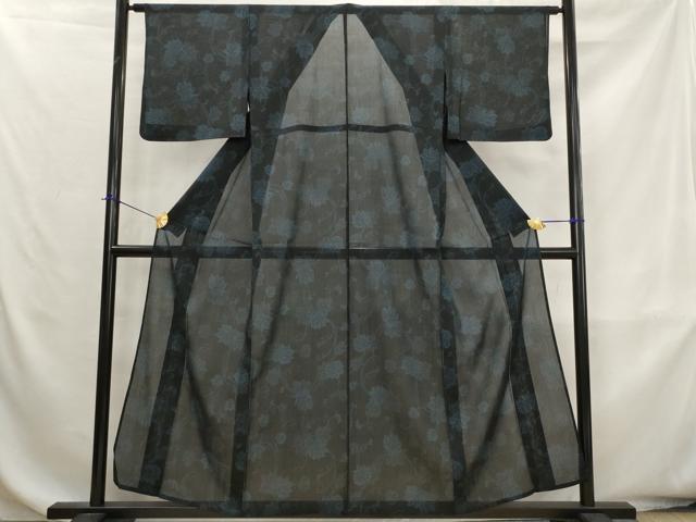 平和屋着物＊夏物　小紋　紗　蔦の葉文様　黒地　洗える着物　AABK8821st