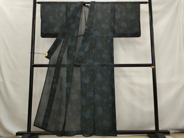平和屋着物＊夏物　小紋　紗　蔦の葉文様　黒地　洗える着物　AABK8821st