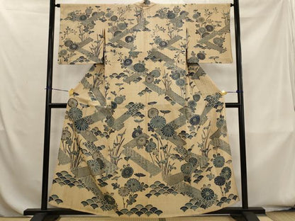 平和屋着物＊夏物　訪問着　紗紬　藍　型染め　吉祥花文　正絹　逸品　AABK8841st