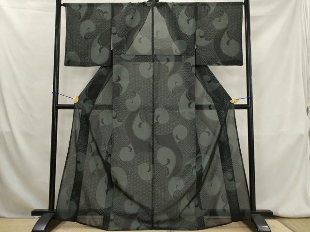 平和屋着物＊夏物　小紋　紗　吉祥立波文　黒地　洗える着物　AABK8843st