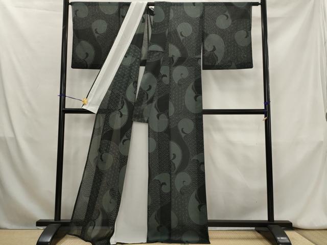 平和屋着物＊夏物　小紋　紗　吉祥立波文　黒地　洗える着物　AABK8843st