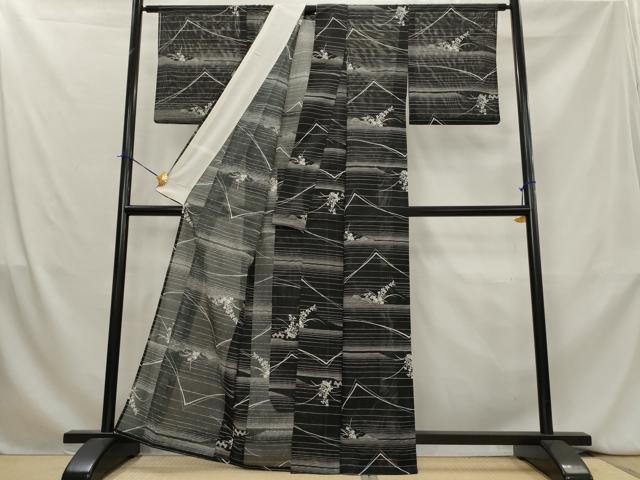 平和屋着物＊夏物　小紋　絽　流水花文　黒地　洗える着物　AABK8893st