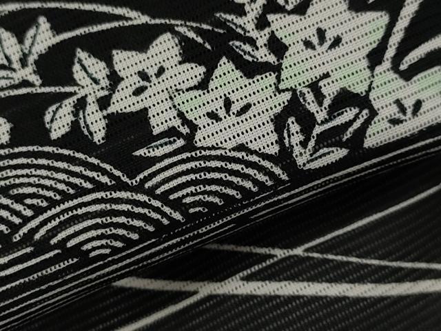 平和屋着物＊夏物　小紋　絽　流水花文　黒地　洗える着物　AABK8893st