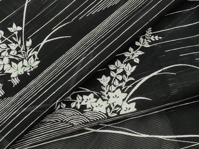 平和屋着物＊夏物　小紋　絽　流水花文　黒地　洗える着物　AABK8893st