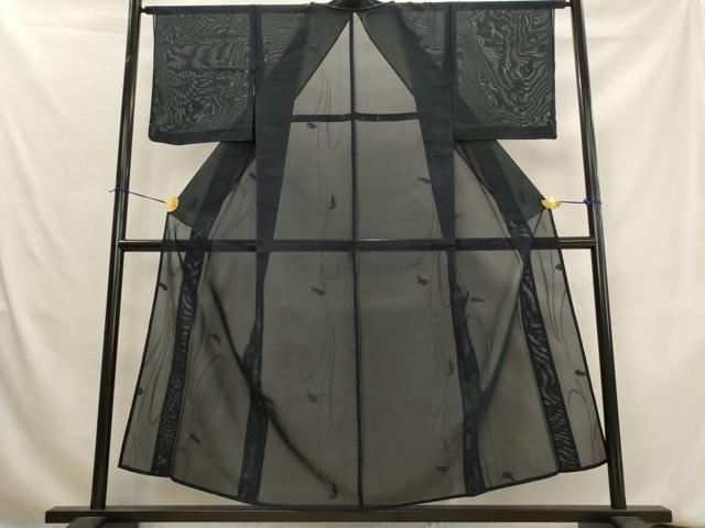 平和屋着物＊夏物　色無地　枝葉紋紗　青褐色　正絹　逸品　AABK8914st