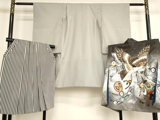 平和屋着物[]七五三　男の子　祝着・羽織・行灯袴セット　鷹　束ね熨斗文　暈し染め　金彩　AABK8921ja