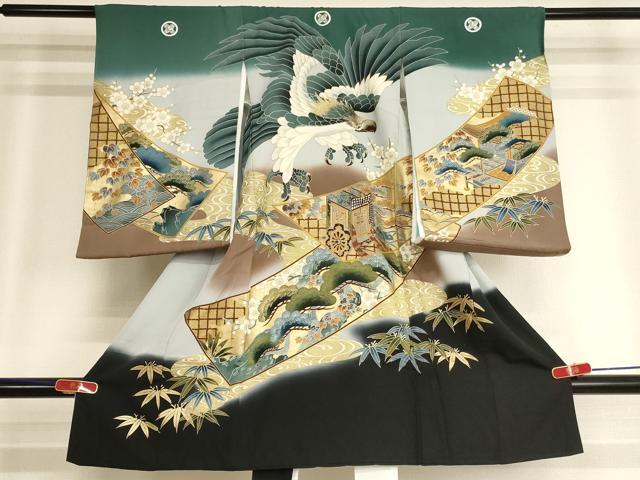 平和屋着物[]お宮参り　男の子　祝着　産着　初着　のしめ　鷹　絵巻草花文　暈し染め　金彩　逸品　AABK8923ja