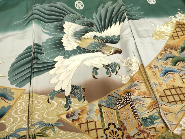 平和屋着物[]お宮参り　男の子　祝着　産着　初着　のしめ　鷹　絵巻草花文　暈し染め　金彩　逸品　AABK8923ja