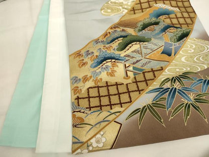 平和屋着物[]お宮参り　男の子　祝着　産着　初着　のしめ　鷹　絵巻草花文　暈し染め　金彩　逸品　AABK8923ja
