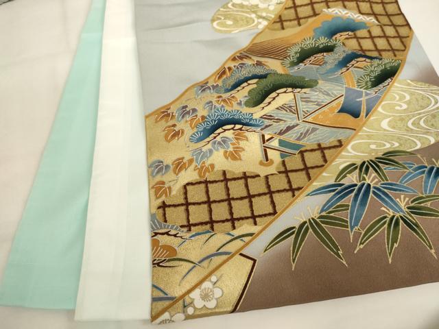 平和屋着物[]お宮参り　男の子　祝着　産着　初着　のしめ　鷹　絵巻草花文　暈し染め　金彩　逸品　AABK8923ja