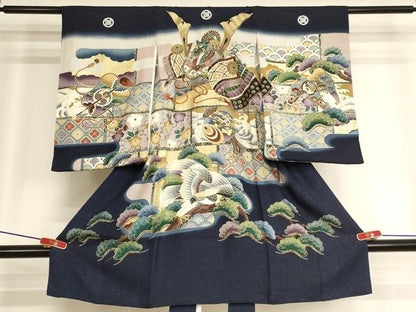 平和屋着物[]お宮参り　男の子　祝着　産着　初着　のしめ　兜　吉祥鷹文　暈し染め　金彩　金通し地　逸品　AABK8924ja