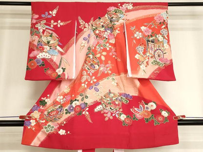 平和屋着物[]お宮参り　女の子　祝着　産着　初着　のしめ　糸巻き花文　暈し染め　金彩　逸品　AABK8925ja