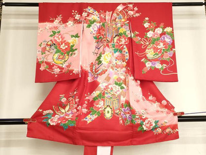 平和屋着物[]お宮参り　女の子　祝着　産着　初着　のしめ　御所車花蝶文　暈し染め　金彩　逸品　AABK8927ja