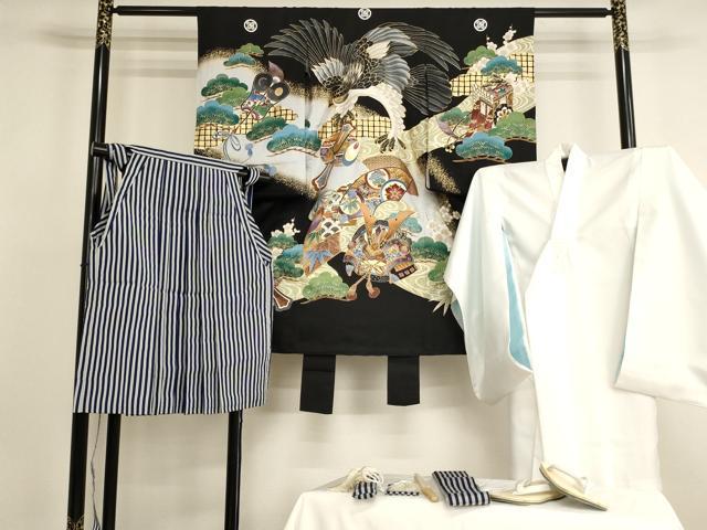 平和屋着物[]七五三　男の子　一つ身　祝着・長襦袢・行灯袴・小物セット　鷹　吉祥草花文　金彩　逸品　AABK8933ja