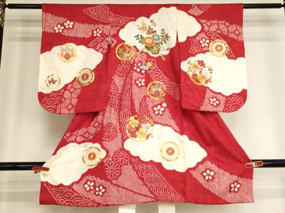 平和屋着物[]七五三　女の子　３歳　祝着　一つ身　絞り　駒刺繍　花車文　正絹　逸品　AABK8934ja