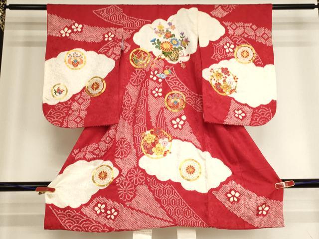 平和屋着物[]七五三　女の子　３歳　祝着　一つ身　絞り　駒刺繍　花車文　正絹　逸品　AABK8934ja
