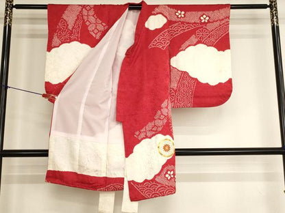 平和屋着物[]七五三　女の子　３歳　祝着　一つ身　絞り　駒刺繍　花車文　正絹　逸品　AABK8934ja