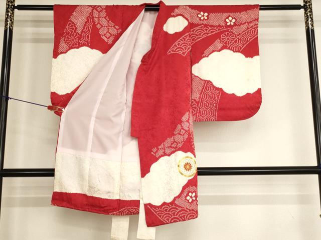 平和屋着物[]七五三　女の子　３歳　祝着　一つ身　絞り　駒刺繍　花車文　正絹　逸品　AABK8934ja