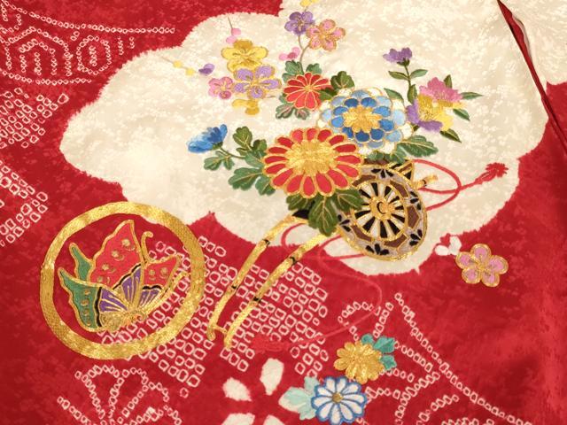 平和屋着物[]七五三　女の子　３歳　祝着　一つ身　絞り　駒刺繍　花車文　正絹　逸品　AABK8934ja