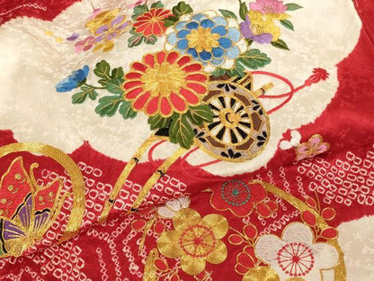 平和屋着物[]七五三　女の子　３歳　祝着　一つ身　絞り　駒刺繍　花車文　正絹　逸品　AABK8934ja