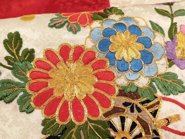 平和屋着物[]七五三　女の子　３歳　祝着　一つ身　絞り　駒刺繍　花車文　正絹　逸品　AABK8934ja