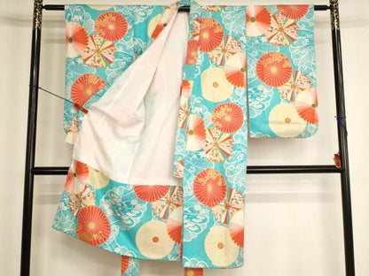 平和屋着物[]七五三　女の子　７歳　祝着　四つ身　舞菊文　金彩　正絹　逸品　AABK8935ja