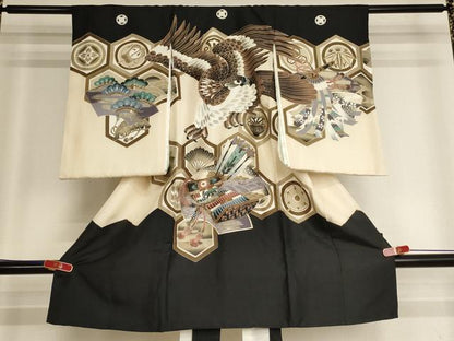 平和屋着物[]お宮参り　男の子　祝着　産着　初着　のしめ　鷹　吉祥地紙文　金彩　逸品　AABK8937ja
