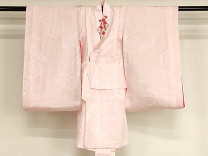 平和屋着物[]七五三　女の子　３歳　祝着　三つ身　長襦袢(袷・半衿刺繍)セット　花車文　金彩　逸品　未使用　AABK8941ja