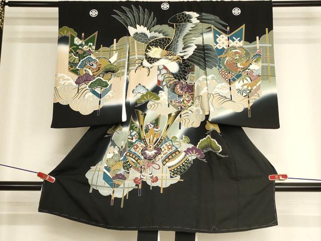 平和屋着物[]お宮参り　男の子　祝着　産着　初着　のしめ　駒刺繍　鷹　武具　暈し染め　金彩　逸品　未使用　AABK8942ja