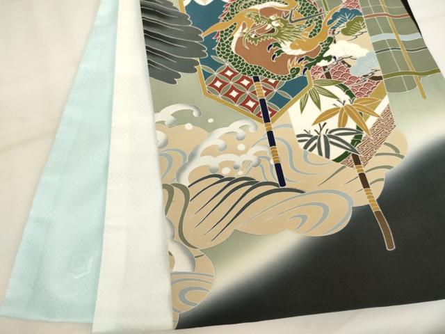 平和屋着物[]お宮参り　男の子　祝着　産着　初着　のしめ　駒刺繍　鷹　武具　暈し染め　金彩　逸品　未使用　AABK8942ja