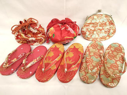平和屋着物[]七五三　女の子　和装小物　バッグ・巾着・草履まとめて6点セット　亀甲　草花　金糸　逸品　AABK9132ja